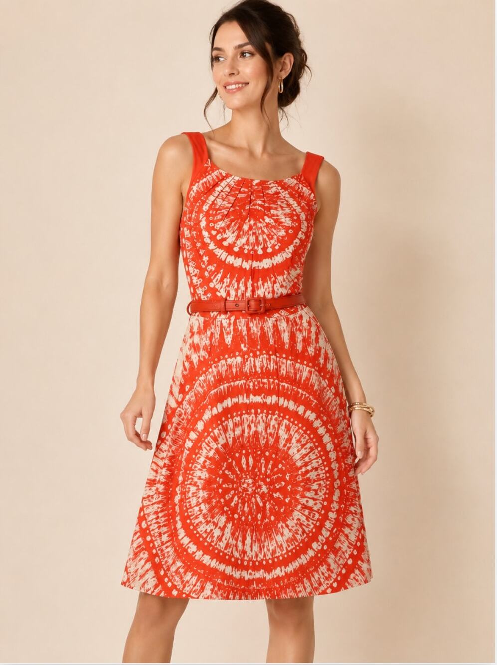 Eva Franco for Anthropologie Orange White Medallion Print Belted Linen Dress 2